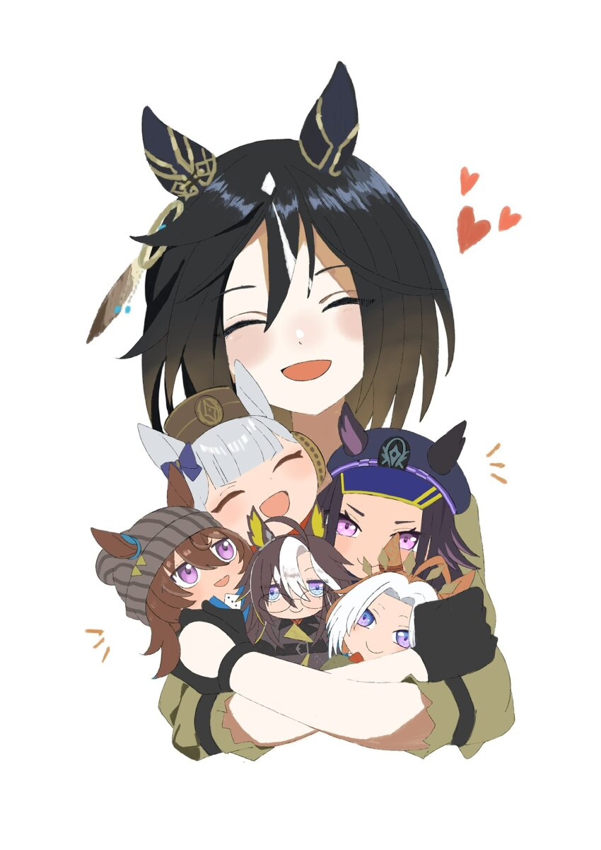 6+girls, ahoge, animal_ears, babie, beanie, black_coat, black_gloves, black_hair