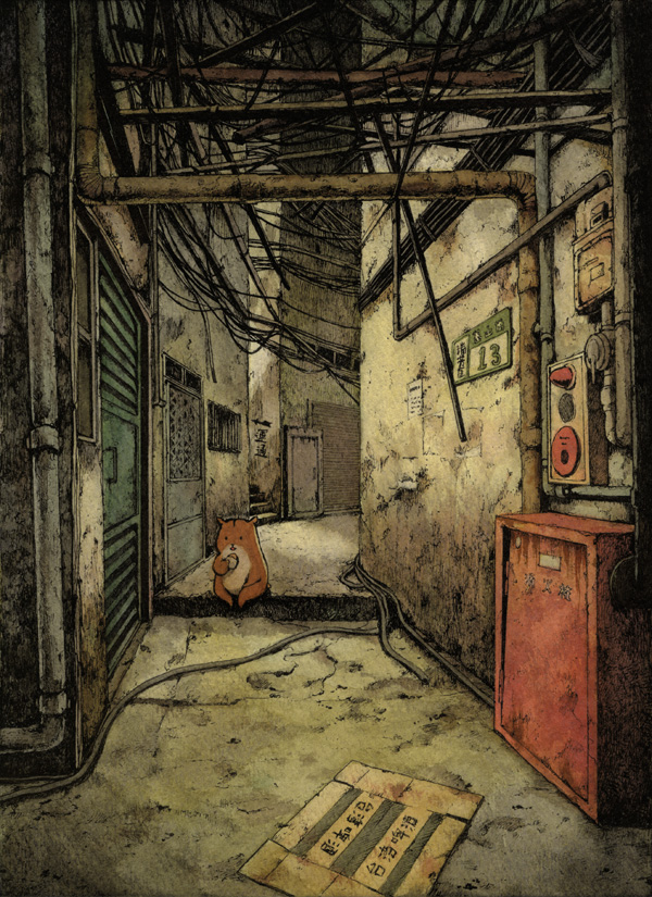 alley, animal, cable, eating, kirisawa_juusou, kirisawa_juuzou, no_humans, original, scenery, sitting, solo, translation_request