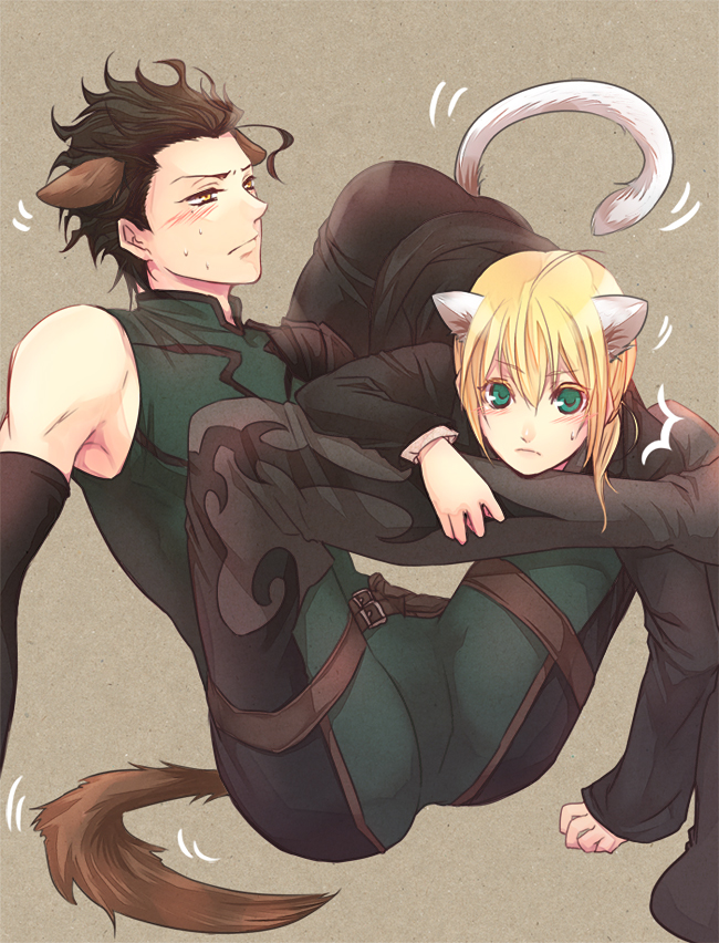 1boy, 1girl, ahoge, animal_ears, artoria_pendragon_(fate), black_hair, blonde_hair, blush