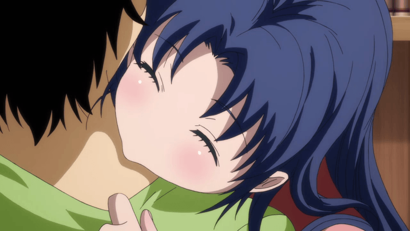 10s, 1boy, 1girl, 2011, age_difference, animated, animated_gif, anime_screenshot, aunt_and_nephew, black_hair, blue_hair, blush, closed_eyes, denpa_onna_to_seishun_otoko, green_shirt, hug, kissing_neck, long_hair, love_bite, mature_female, neck, niwa_makoto, older_female_and_younger_male, pajamas, shirt, short_hair, tagme, touwa_meme, towel, very_long_hair