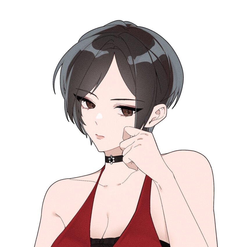 1girl, ada_wong, black_bra, black_eyes, black_hair, bra, breasts, cleavage, commentary_request, hand_up, head_tilt, highres, jewelry, korean_commentary, looking_at_viewer, necklace, red_shirt, resident_evil, resident_evil_7:_biohazard, shirt, short_hair, solo, soupsoup, spaghetti_strap, underwear