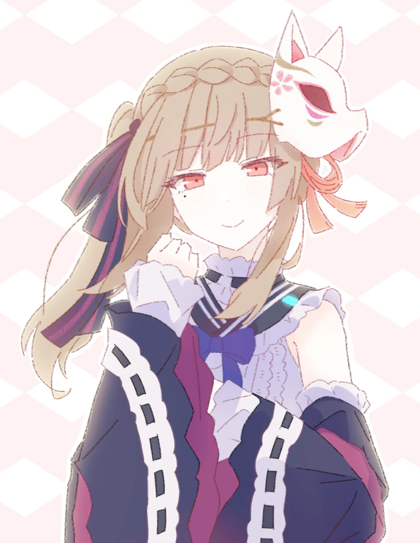 1girl, braid, brown_hair, commentary_request, fox_mask, heaven_burns_red, highres, japanese_clothes