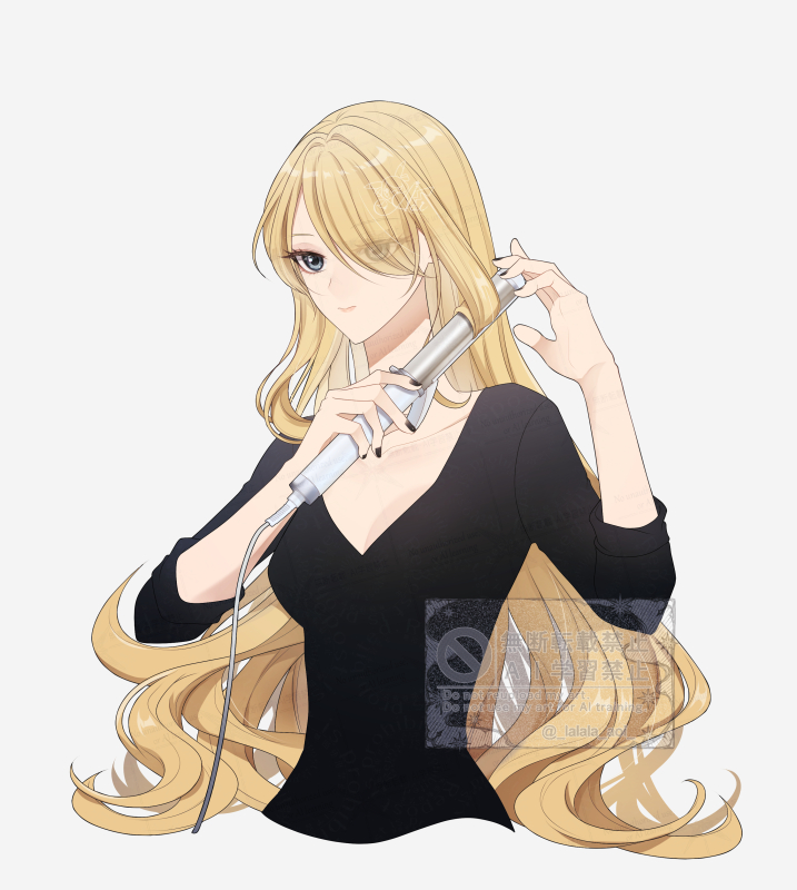 1girl, black_nails, black_shirt, blonde_hair, breasts, cleavage, closed_mouth, collarbone