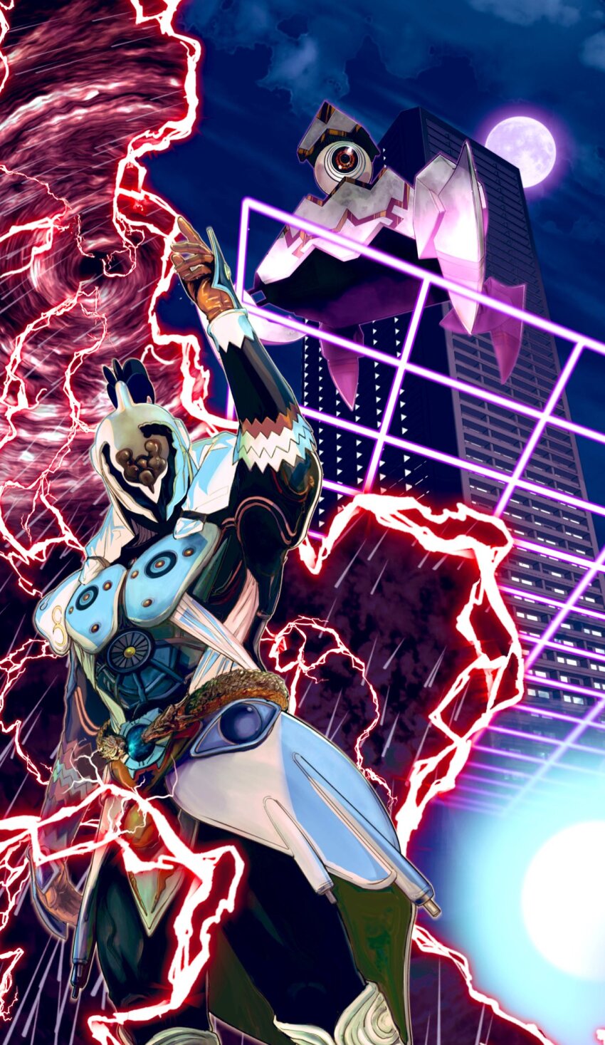 armor, belt, building, city, cloud, commentary_request, electricity, fuuto_tantei