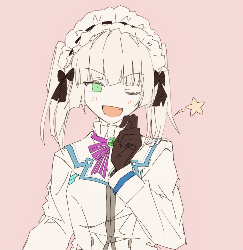 1girl, black_gloves, bow, bowtie, commentary_request, fang, gloves, green_eyes