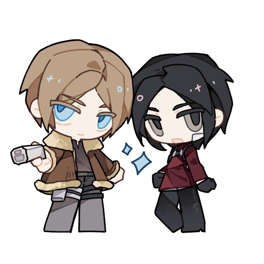 1boy, 1girl, ada_wong, bandage_on_face, bandages, belt, black_eyes, black_gloves