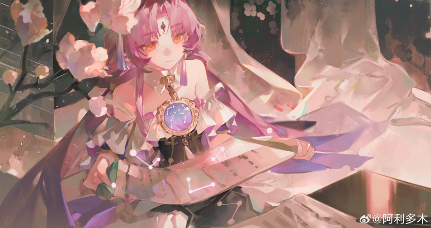 1girl, absurdres, ali_duo_mu, bamboo_screen, bare_shoulders, black_dress, branch, brooch