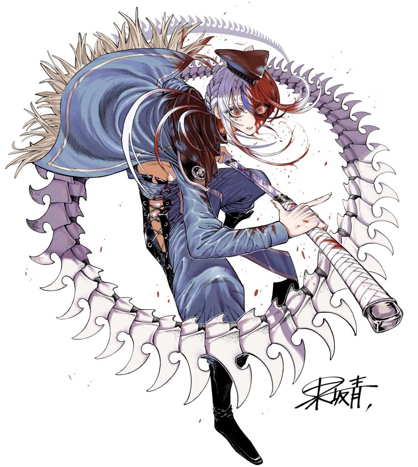 1girl, antares_(galaxias), belt, black_boots, blood, blood_in_hair, blood_on_clothes, blood_on_face, bloody_weapon, blue_cape, blue_hat, blue_pants, blue_streaks, blue_tabard, bone_tail, boots, braid, breasts, cape, clothing_cutout, commentary_request, dragon_girl, dragon_tail, fighting_stance, floating_cape, floating_hair, full_body, fur-trimmed_cape, fur_trim, galaxias, glint, hair_between_eyes, hat, highres, hip_vent, holding, holding_sword, holding_weapon, long_hair, long_sleeves, looking_at_viewer, multicolored_hair, multiple_belts, omao, open_mouth, pants, red_eyes, sheath, sideboob, sidelocks, signature, simple_background, single_hair_streak, slit_pupils, solo, streaked_hair, sword, tabard, tail, unsheathing, very_long_tail, weapon, white_background, white_hair, wide-eyed