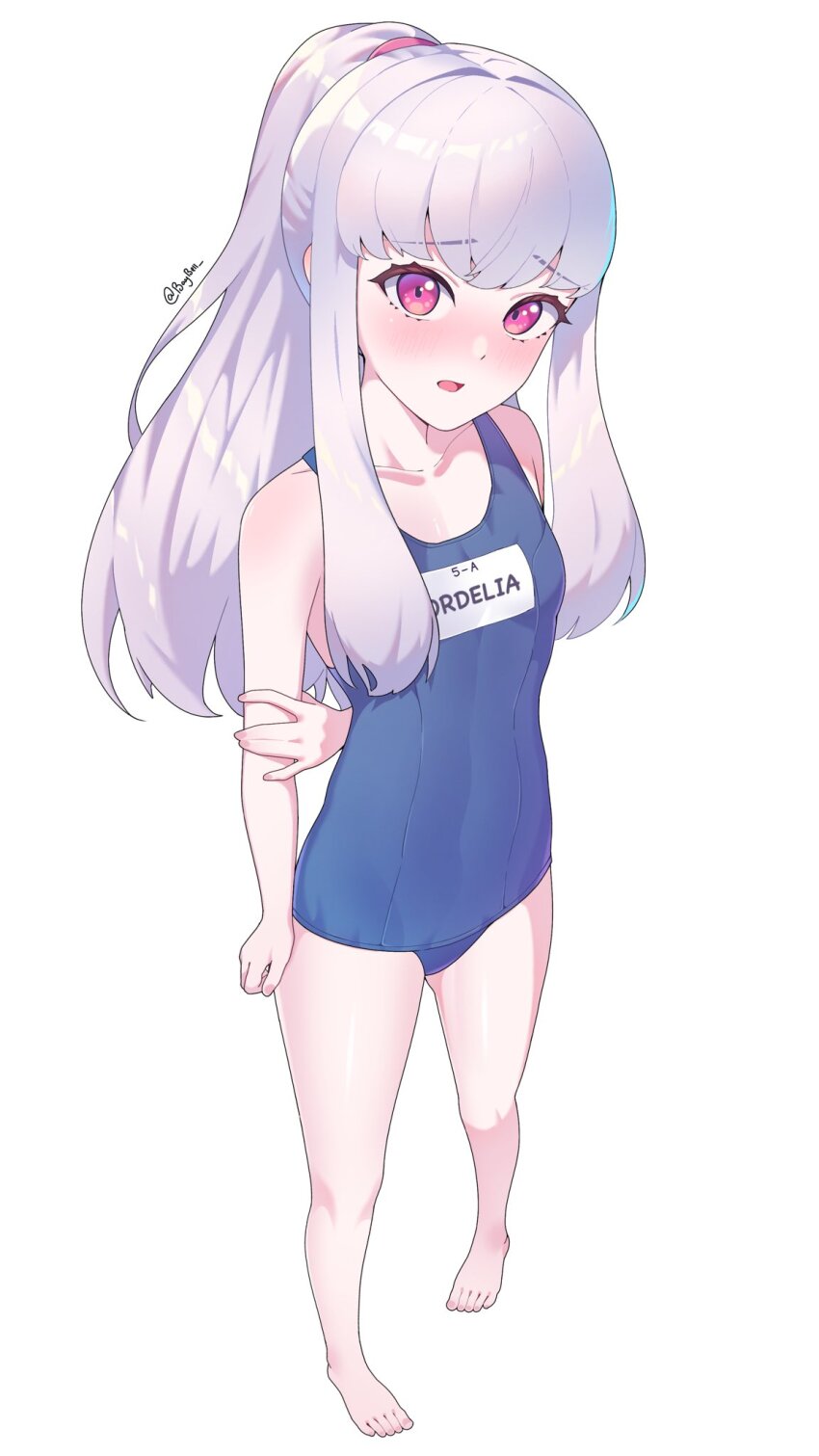 1girl, alternate_costume, alternate_hairstyle, arms_behind_back, bare_legs, bare_shoulders, barefoot, baybell