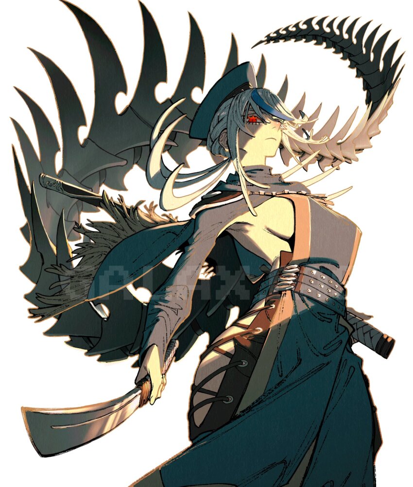 1girl, antares_(galaxias), belt, blue_hat, blue_tabard, bone_tail, braid, breasts