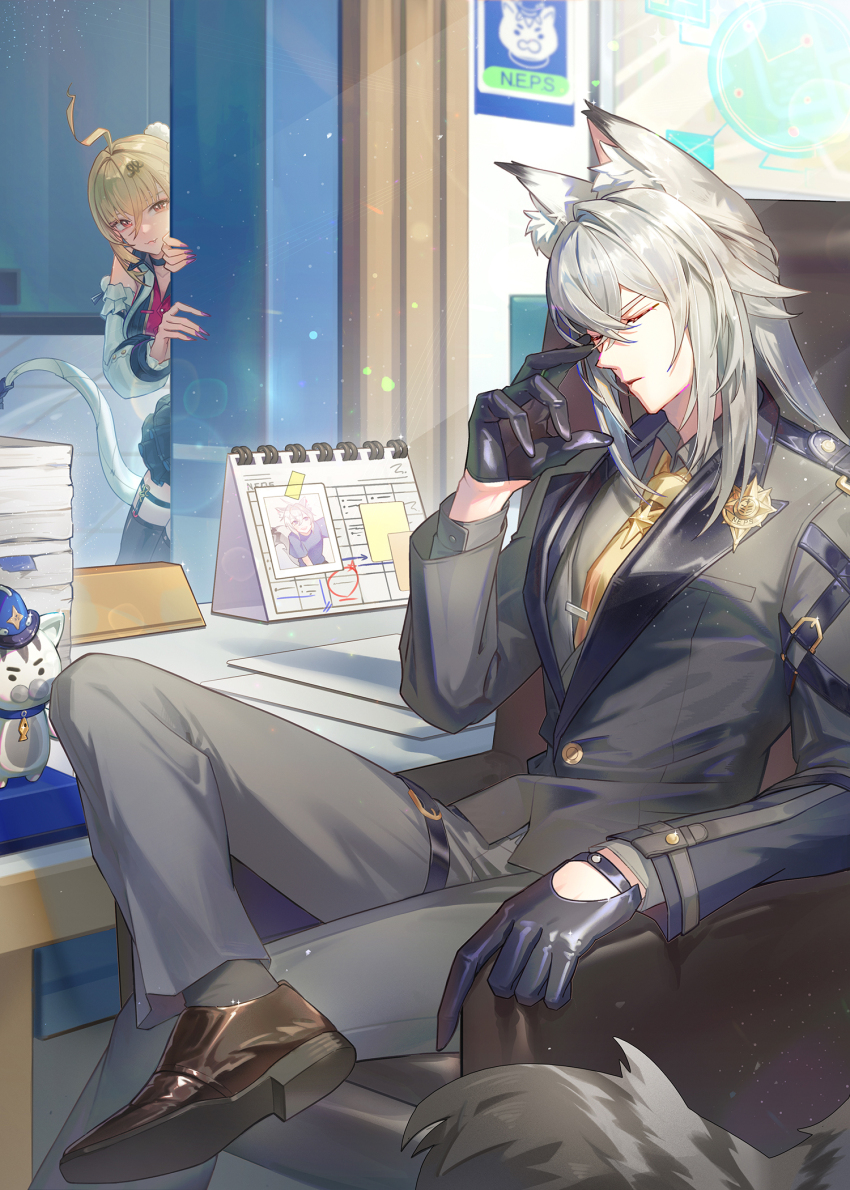 1boy, 1girl, ahoge, animal_ear_fluff, animal_ears, bare_shoulders, black_gloves, black_jacket