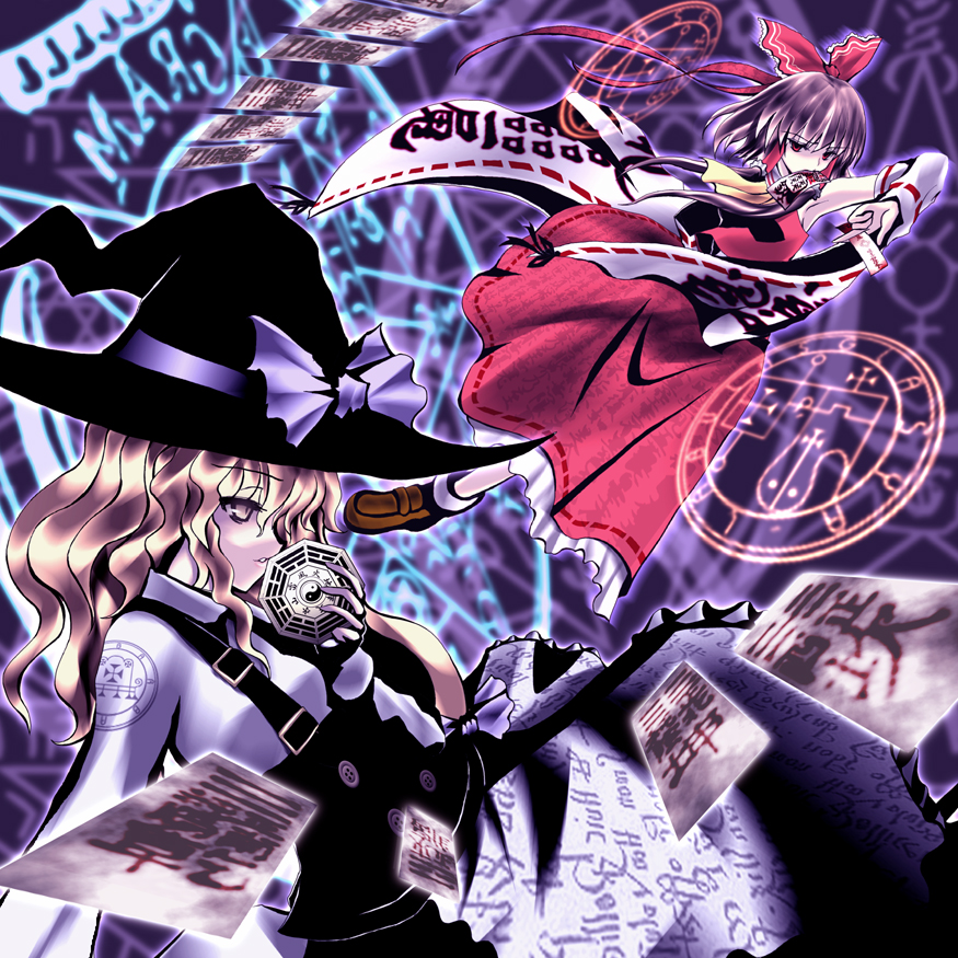 2girls, ars_goetia, blonde_hair, bow, brown_hair, detached_sleeves, dress, female_focus