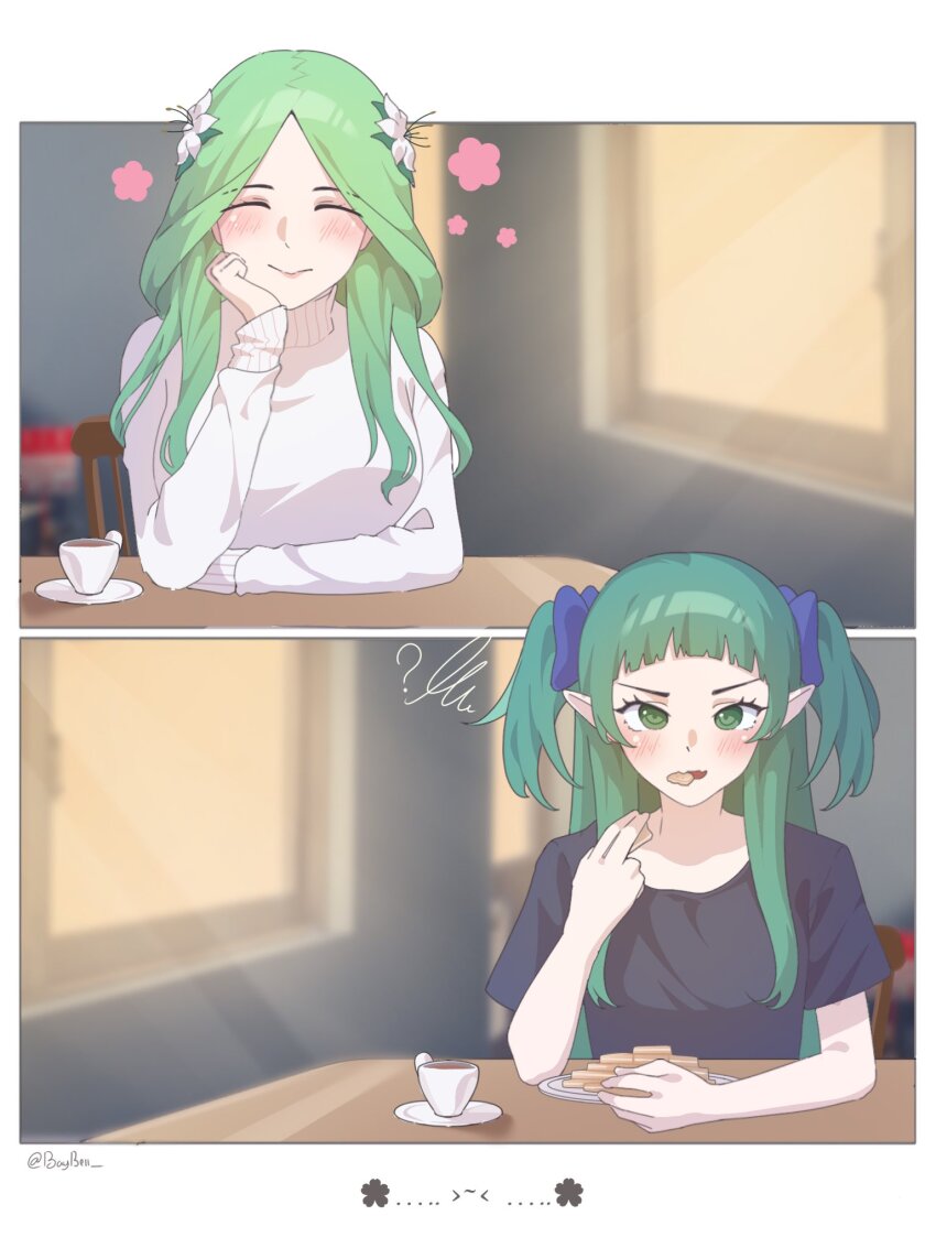 2girls, ?, alternate_costume, baybell, breasts, commentary, cookie, cup