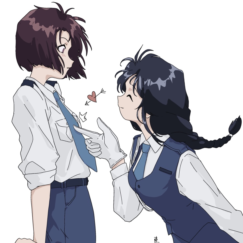 2girls, ^_^, abi_(kabe), arrow_through_heart, black_hair, blue_necktie, blue_vest, brown_hair
