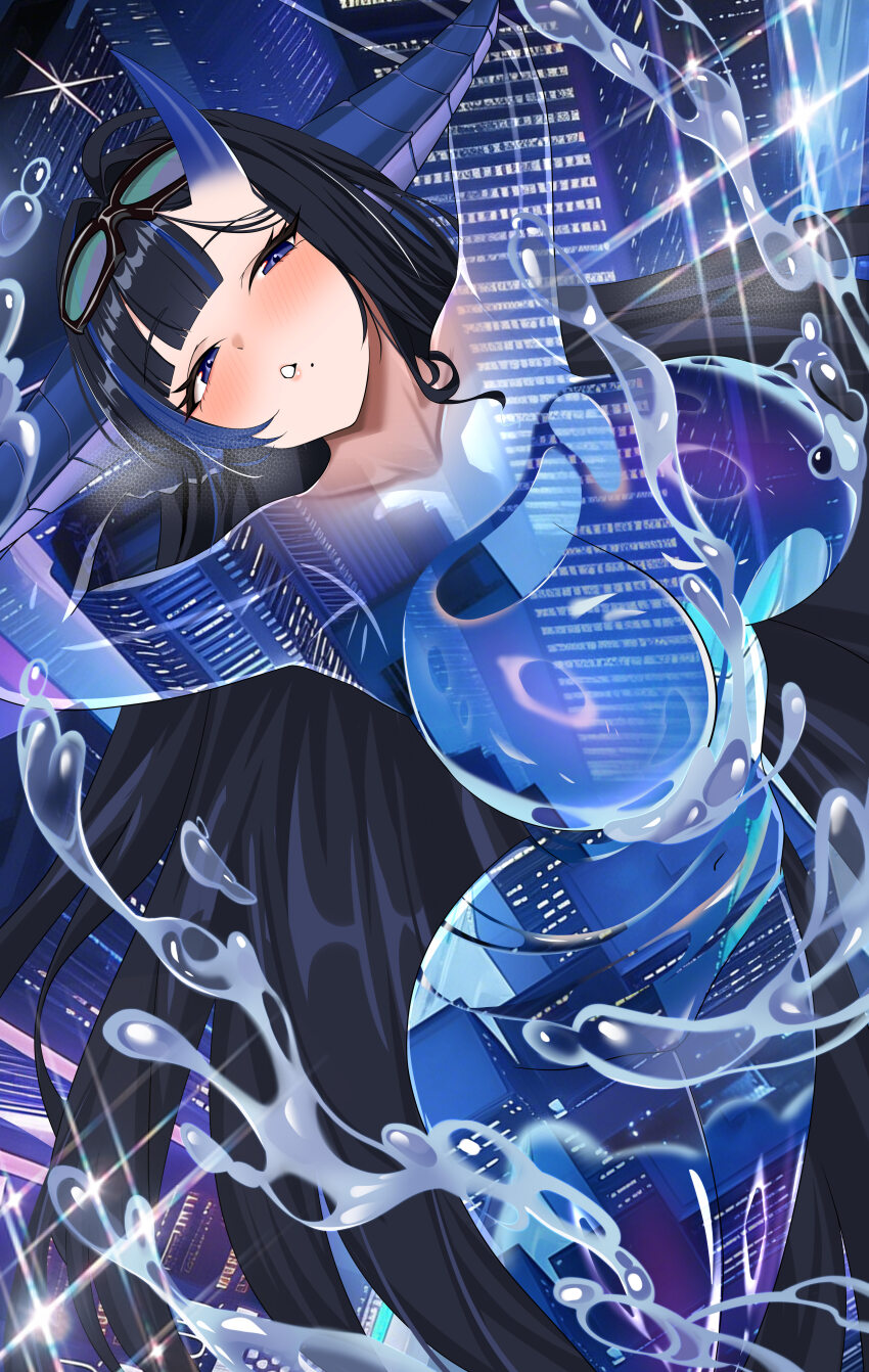 1girl, absurdres, armpits, azur_lane, black_hair, blue_eyes, blue_horns, blush