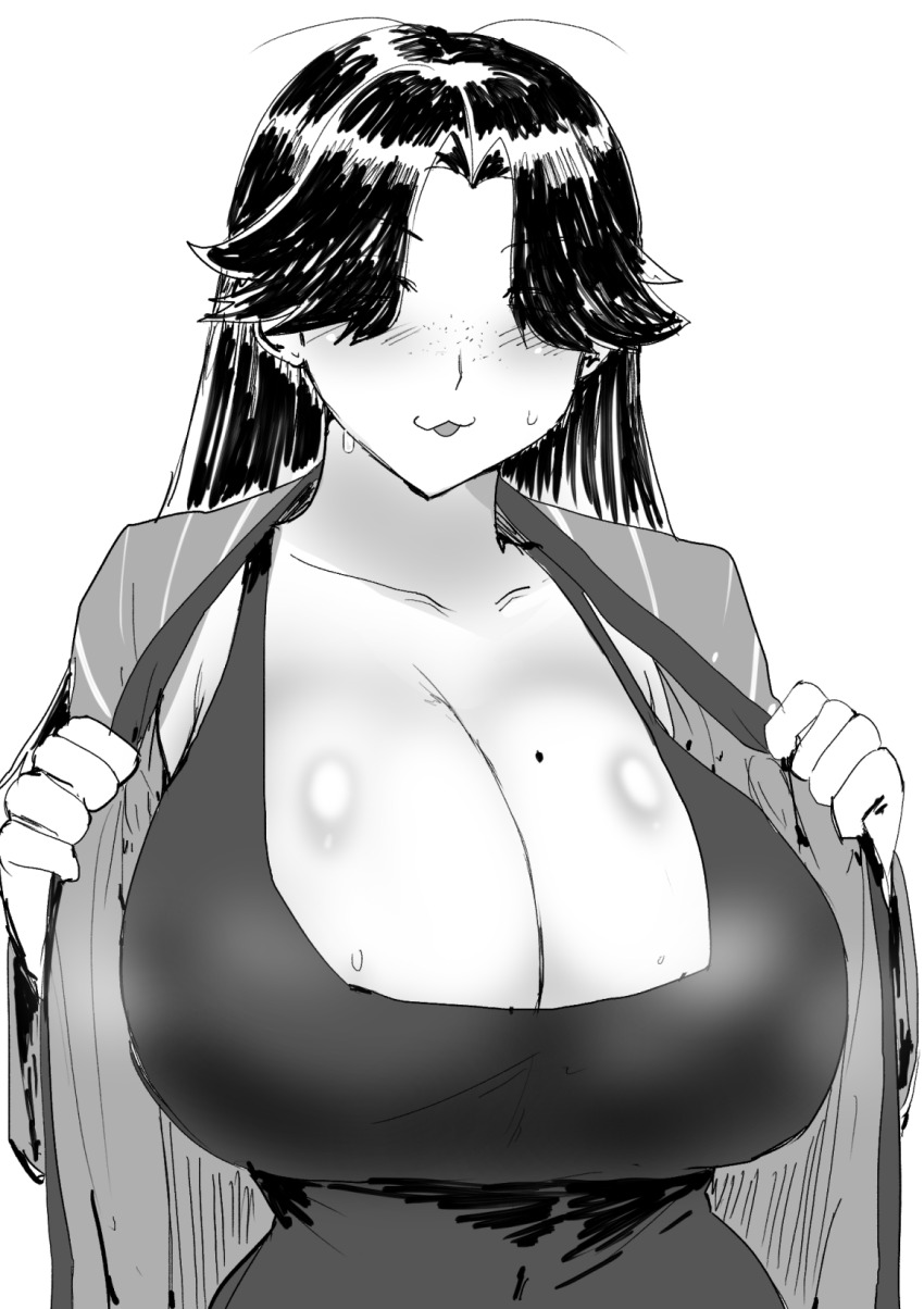 1girl, :3, bad_4chan_link, bad_link, blush, breasts, drawfag, freckles, hair_over_eyes, hatori_to_furuta_no_hinichijou_sahanji, highres, jacket, large_breasts, mole, mole_on_breast, monochrome, open_clothes, open_jacket, shiori_nijiyama, sketch, sweat, upper_body