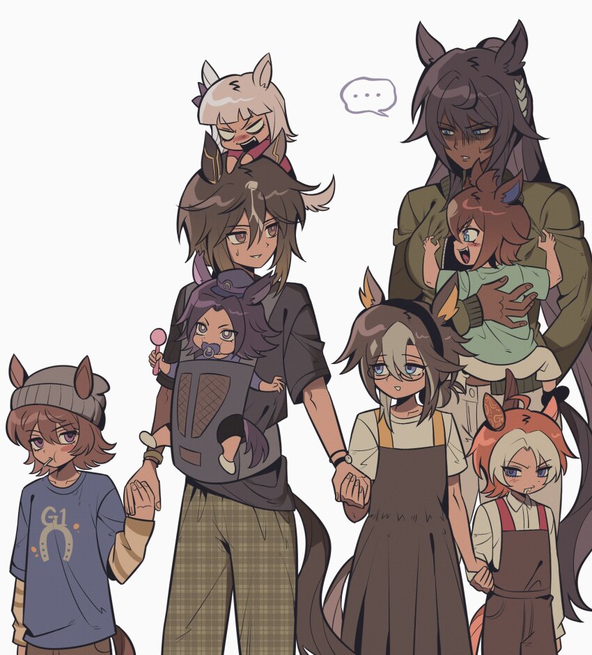 6+girls, absurdres, aged_down, ahoge, alternate_costume, animal_ears, baby, beanie, black_hair, blue_eyes, blunt_bangs, blush, breasts, brown_hair, carrying, carrying_person, child, child_carry, commentary_request, dark-skinned_female, dark_skin, dream_journey_(umamusume), ear_covers, ears_through_headwear, epiphaneia_(umamusume), family, fenomeno_(umamusume), glasses, gold_ship_(umamusume), grey_hair, hair_between_eyes, hat, highres, holding_hands, horse_ears, horse_girl, horse_tail, korean_commentary, large_breasts, long_hair, long_sleeves, multicolored_hair, multiple_girls, nakayama_festa_(umamusume), open_mouth, orange_hair, orfevre_(umamusume), parent_and_child, pillbox_hat, ponytail, purple_eyes, simple_background, single_ear_cover, stay_gold_(umamusume), stay_gold_clan_(umamusume), symboli_kris_s_(umamusume), tail, umamusume, umamusume_horse_relations, white_background, white_hair, youareddong1134