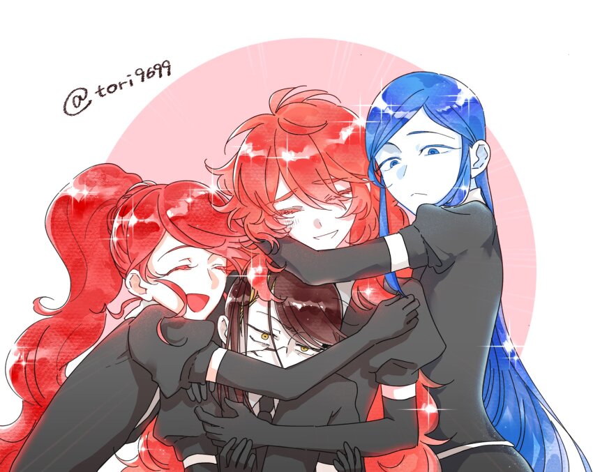 4others, blue_eyes, blue_hair, closed_eyes, closed_mouth, cracked_skin, emerald_(houseki_no_kuni), gem_uniform_(houseki_no_kuni)