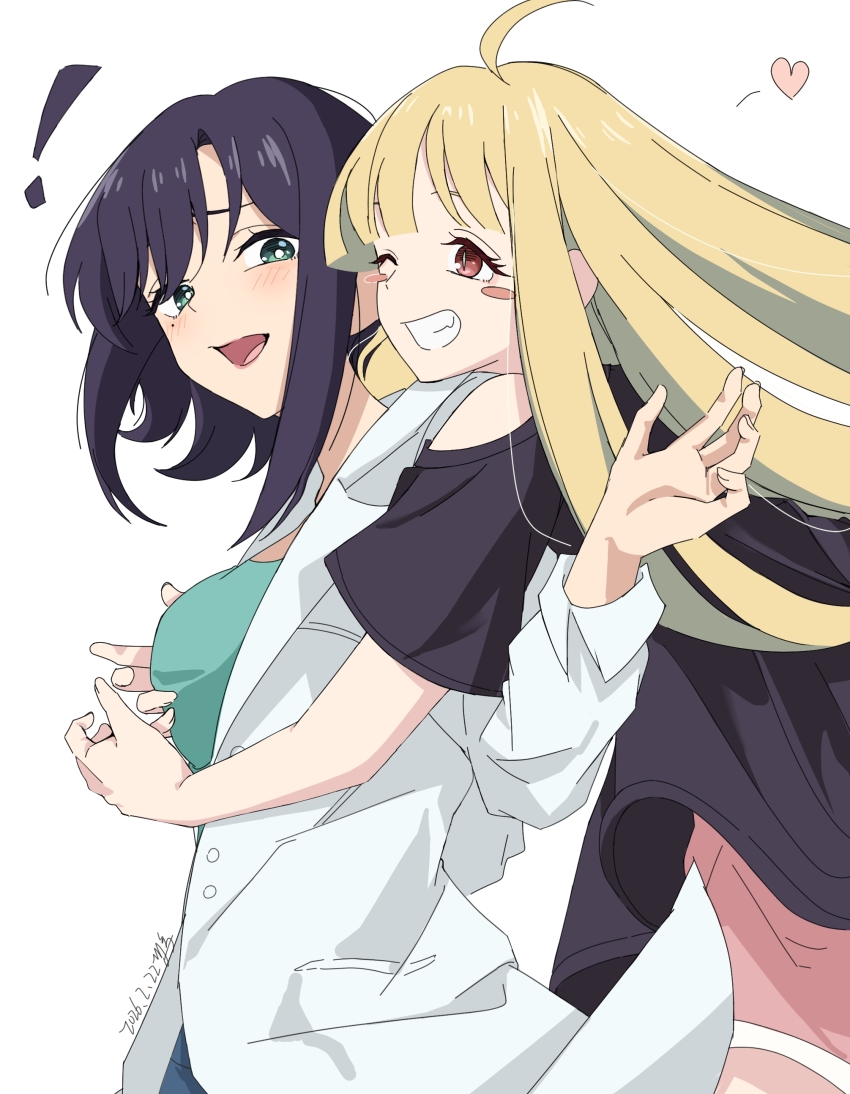 !, 2girls, absurdres, ahoge, black_hair, black_shirt, blonde_hair, blush