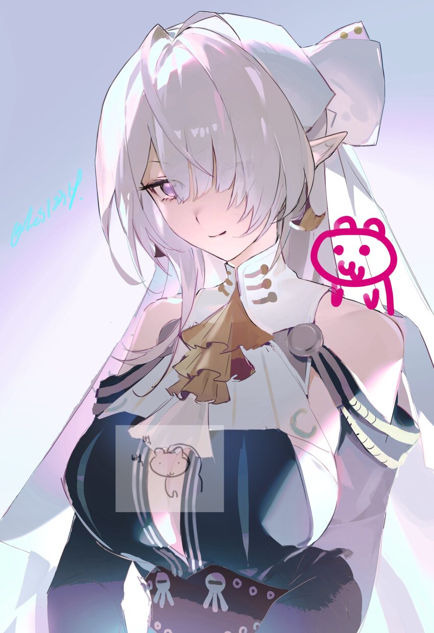 1girl, absurdres, antenna_hair, ascot, bare_shoulders, blue_coat, blue_dress, breasts