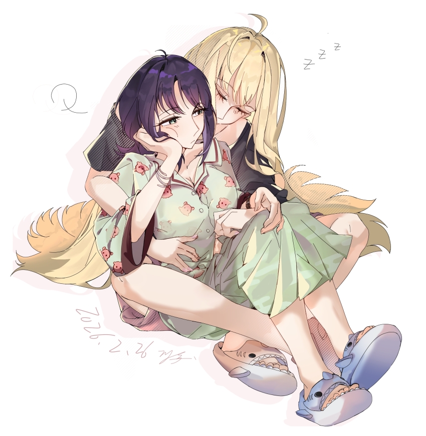 2girls, absurdres, ahoge, animal_slippers, black_hair, black_shirt, blonde_hair, blush