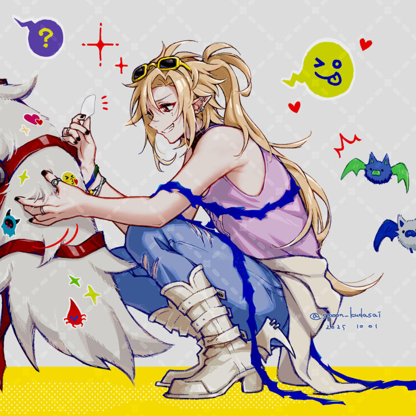 2boys, ?, ^^^, artist_name, bangboo_(zenless_zone_zero), bat_(animal), black_nails, blonde_hair