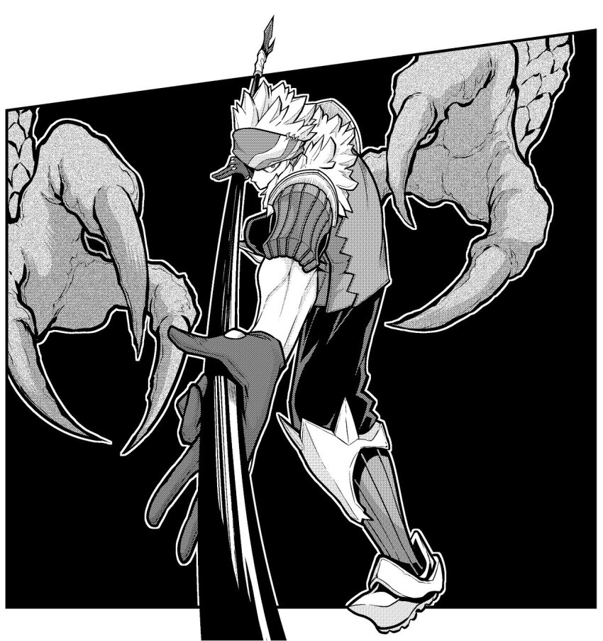 1boy, armor, boots, commentary_request, fighting_stance, full_body, futoku_no_guild, gloves