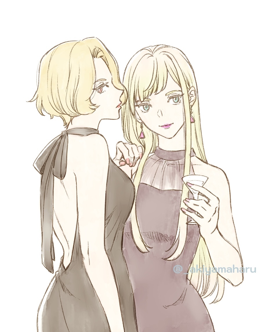 2girls, akiyama_haru, aqua_eyes, back, backless_dress, backless_outfit, bare_back, black_ribbon