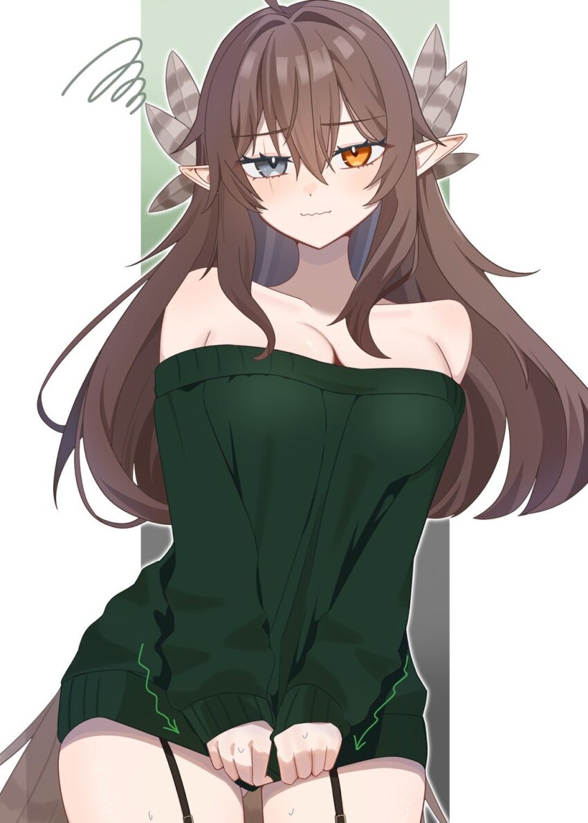 1girl, bare_shoulders, bird_girl, breasts, brown_feathers, brown_hair, cleavage, feather_hair