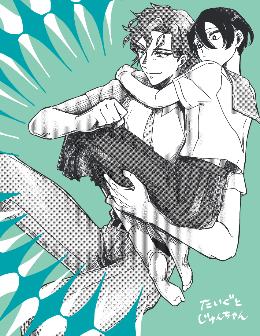 1boy, 1girl, arm_around_shoulder, belt, carrying, carrying_person, character_name, child_carry, closed_mouth, commentary_request, green_background, greyscale_with_colored_background, hair_between_eyes, highres, mastubada_(mtn_akr), masumi_jun, necktie, no_shoes, pants, pleated_skirt, sailor_collar, sailor_shirt, sankyuu_pitch, school_uniform, screentones, serafuku, shirt, short_hair, short_sleeves, skirt, socks, todoroki_taigu