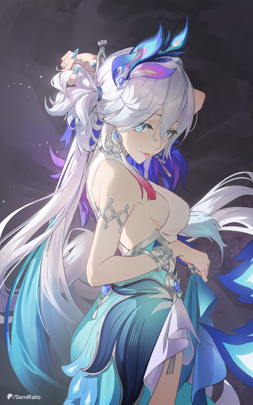 1girl, absurdres, aqua_dress, aqua_eyes, aqua_hair, breasts, commentary, demiraito