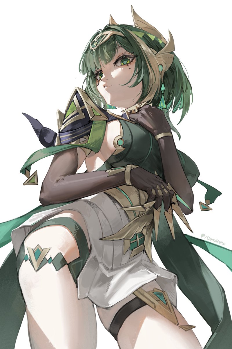 1girl, black_gloves, breasts, commentary, demiraito, elbow_gloves, genshin_impact, gloves