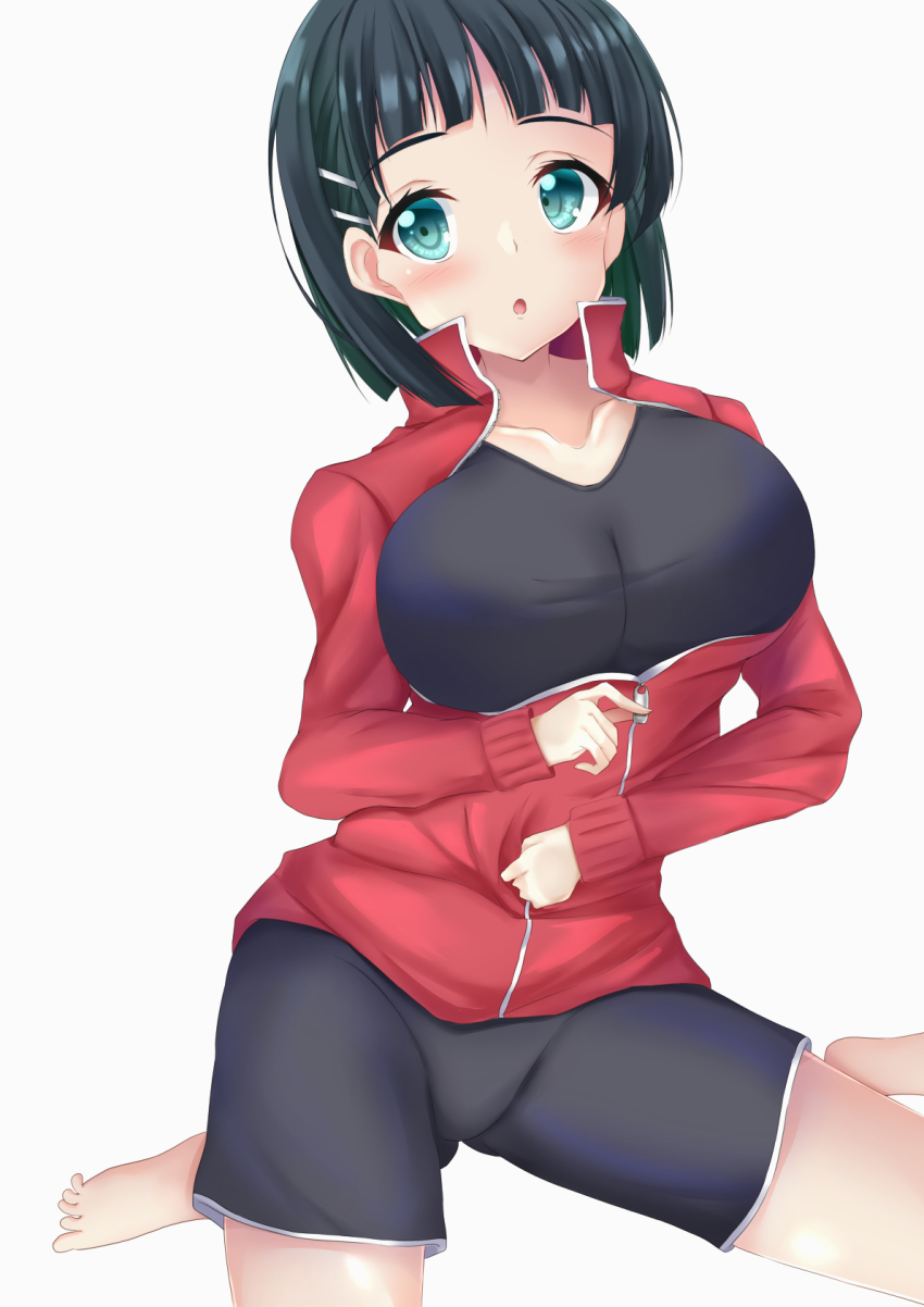 1girl, :o, alternate_breast_size_(larger), aqua_eyes, bare_legs, barefoot, black_hair, black_shirt, black_shorts, blunt_bangs, blunt_ends, blush, bob_cut, breasts, collarbone, commentary_request, hanazawa-shalu, highres, holding_zipper_pull_tab, huge_breasts, impossible_clothes, impossible_shirt, jacket, kirigaya_suguha, looking_at_viewer, medium_hair, open_mouth, red_jacket, shirt, short_shorts, shorts, simple_background, sitting, solo, sword_art_online, track_jacket, wariza, white_background