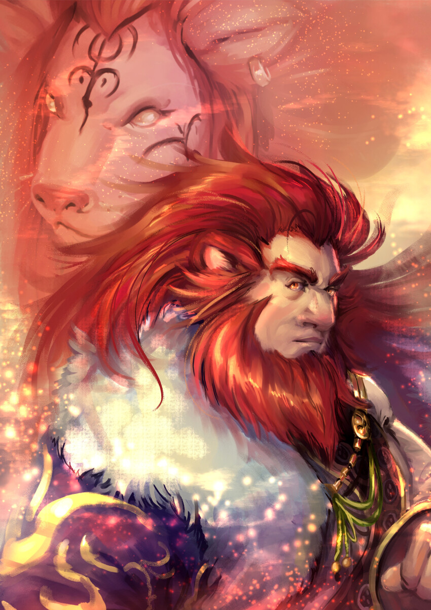 1boy, absurdres, animal_ears, beard, caineghis_(fire_emblem), closed_mouth, commentary, english_commentary, facial_hair, farronmarieart, fire_emblem, fire_emblem:_path_of_radiance, highres, lion_ears, lips, long_hair, male_focus, nintendo, portrait, red_hair, solo, upper_body