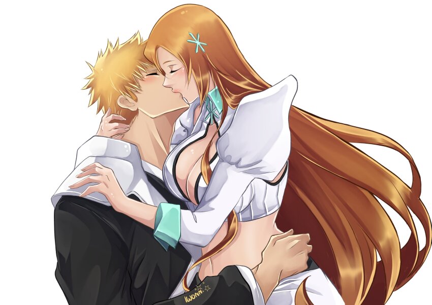 1boy, 1girl, absurdres, black_kimono, bleach, bleach:_sennen_kessen-hen, blonde_hair, blush, breasts, brown_hair, cleavage, closed_eyes, commentary, commission, couple, crop_top, english_commentary, from_side, hair_ornament, hairclip, hand_on_another's_head, hand_on_another's_hip, hand_on_another's_shoulder, hetero, highres, inoue_orihime, iwonn_(pixiv943160), japanese_clothes, kimono, kiss, kurosaki_ichigo, large_breasts, long_hair, long_sleeves, midriff, navel, official_alternate_costume, orange_hair, puffy_sleeves, short_hair, spiked_hair, upper_body, white_background