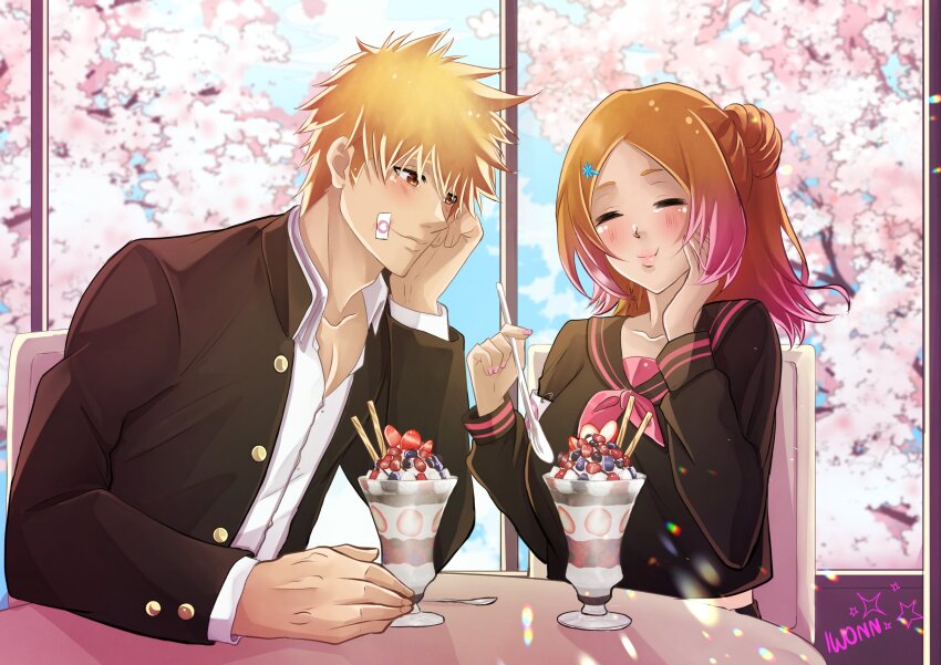 1boy, 1girl, absurdres, artist_name, bandaid, bandaid_on_cheek, bandaid_on_face, black_jacket