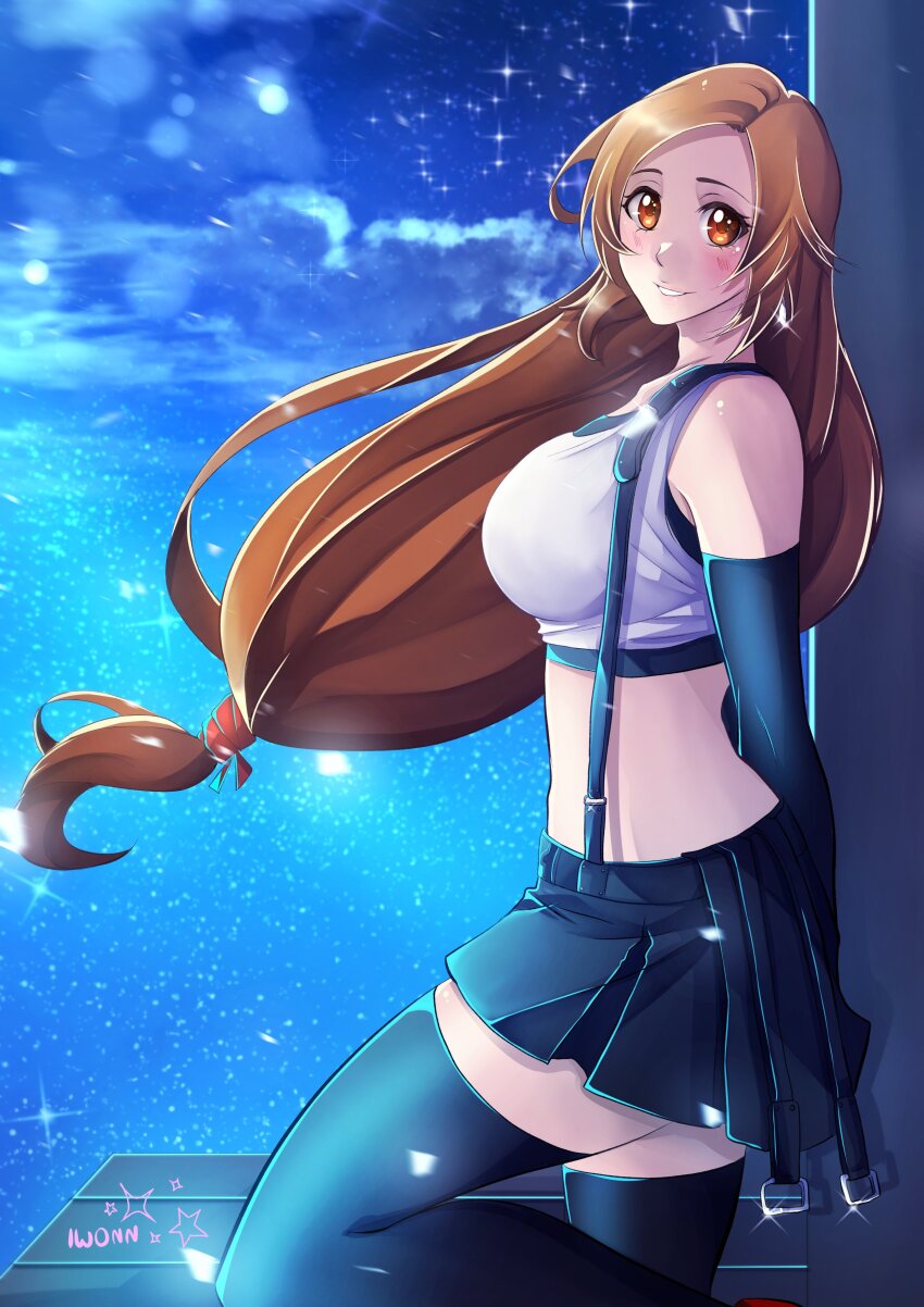 1girl, absurdres, arms_behind_back, artist_name, bare_shoulders, black_gloves, black_skirt, black_thighhighs