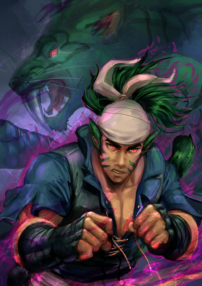 1boy, absurdres, animal_ears, bandana, clenched_hands, commentary, english_commentary, eye_trail