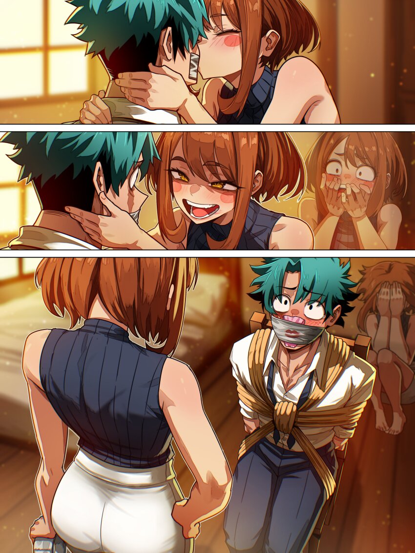 2girls, absurdres, bed, black_pants, blurry, blurry_background, blush, boku_no_hero_academia