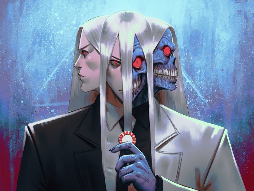 1boy, absolute_batman, absolute_dc, batman_(series), commentary, contrast, dc_comics, english_commentary, exposed_muscle, highres, jacket, multicolored_jacket, multicolored_suit, necktie, polar_opposites, split_theme, two-face, two-face_(absolute_dc), two-tone_jacket, two-tone_necktie, two-tone_shirt, v_moonstar