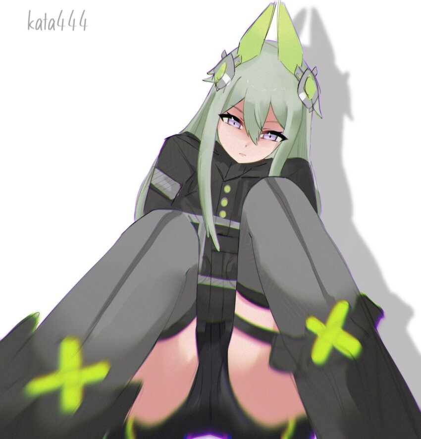 1girl, artist_name, black_boots, black_jacket, black_shorts, blurry, blurry_foreground, boots