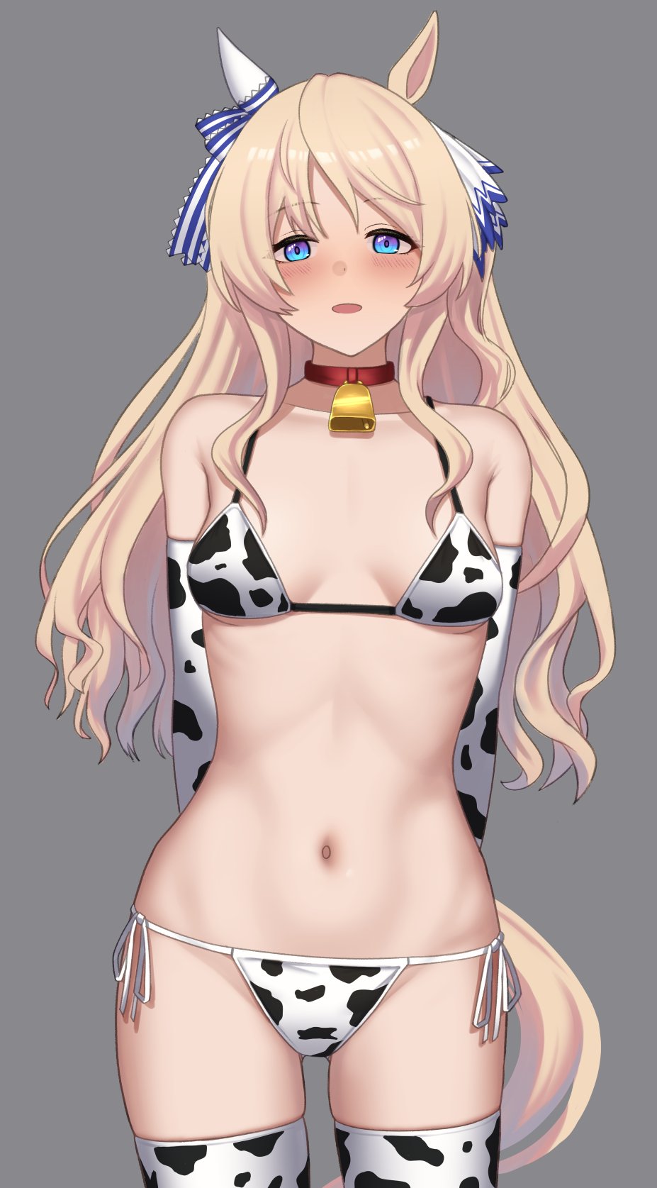 1girl, alternate_costume, animal_ears, animal_print, arms_behind_back, bakkasu150, bare_shoulders, bell