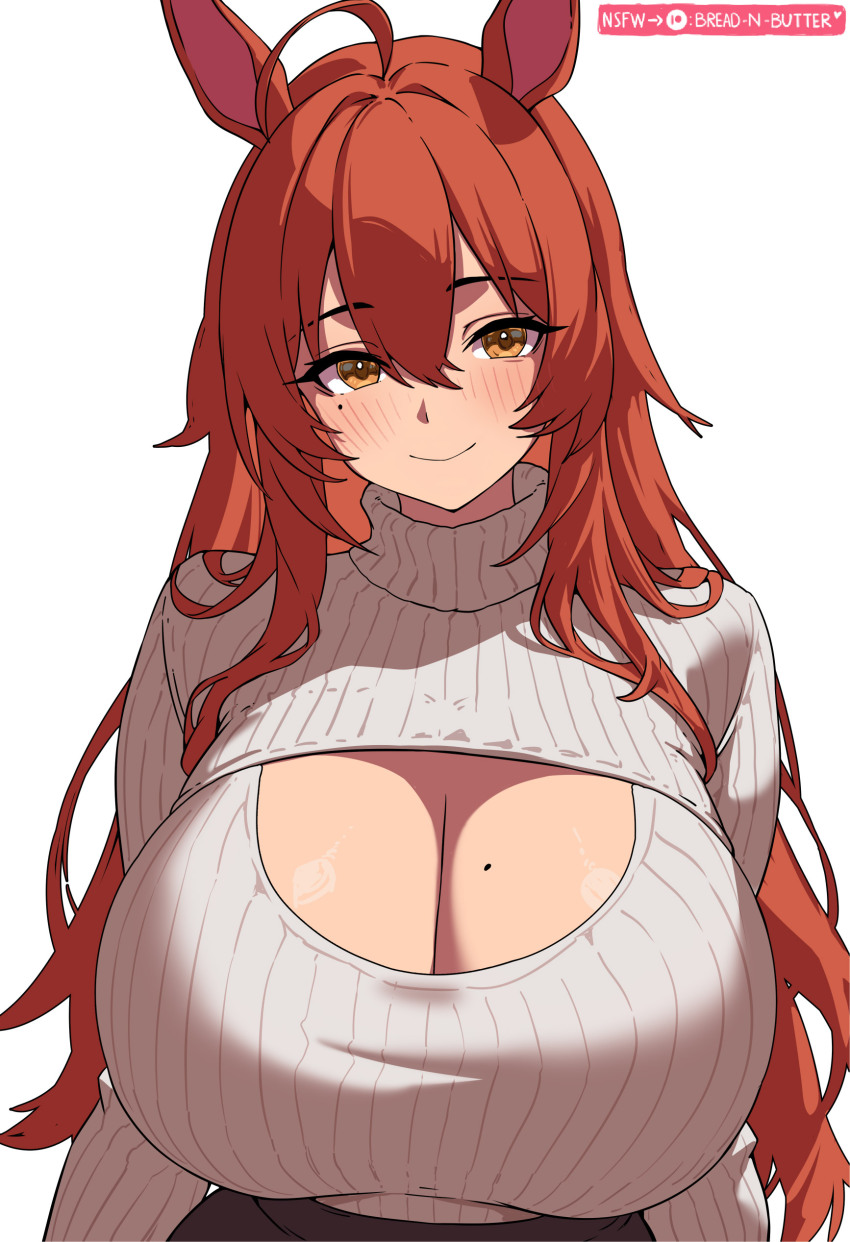 1girl, absurdres, ahoge, animal_ears, blush, bread-n-butter, breasts, cleavage