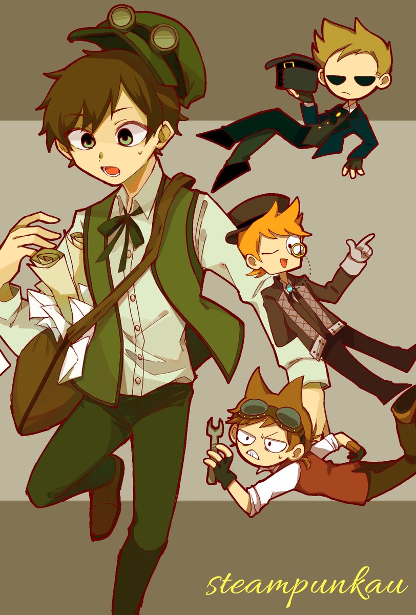 4boys, alternate_costume, alternate_universe, animification, bad_id, bad_twitter_id, bag, black_coat, black_gloves, black_hat, black_pants, blue_jacket, blue_pants, borrowed_design, brooch, brown_bag, brown_hair, brown_shoes, clenched_teeth, coat, collared_shirt, commentary, deformed, edd_(eddsworld), eddsworld, falling, finger_gun, fingerless_gloves, formal_clothes, gloves, goggles, goggles_on_head, goggles_on_headwear, green_eyes, green_hat, green_pants, green_vest, grey_gloves, hair_ears, hat, highres, holding, holding_unworn_clothes, holding_unworn_hat, holding_wrench, hollow_eyes, jacket, jewelry, jitome, kion-aaaaa, long_sleeves, male_focus, matt_(eddsworld), monocle, multiple_boys, one_eye_closed, open_clothes, open_jacket, open_mouth, open_vest, orange_hair, pants, red_vest, shirt, shoes, short_hair, shoulder_bag, sleeves_rolled_up, spiked_hair, standing, standing_on_one_leg, steampunk, suit, sweatdrop, swept_bangs, teeth, tom_(eddsworld), toon_(style), top_hat, tord_(eddsworld), unworn_hat, unworn_headwear, vest, white_shirt, wrench