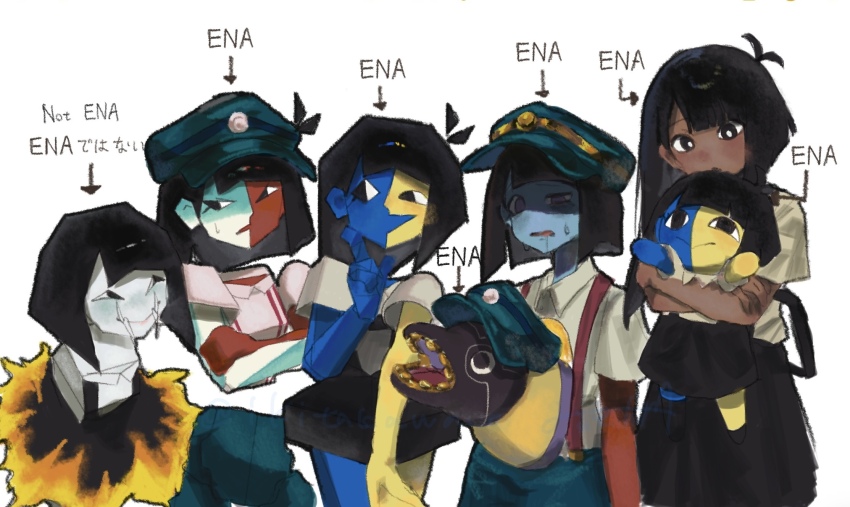 angry, aqua_shorts, black_eyes, black_hair, blue_skin, blunt_bangs, bob_cut, colored_skin