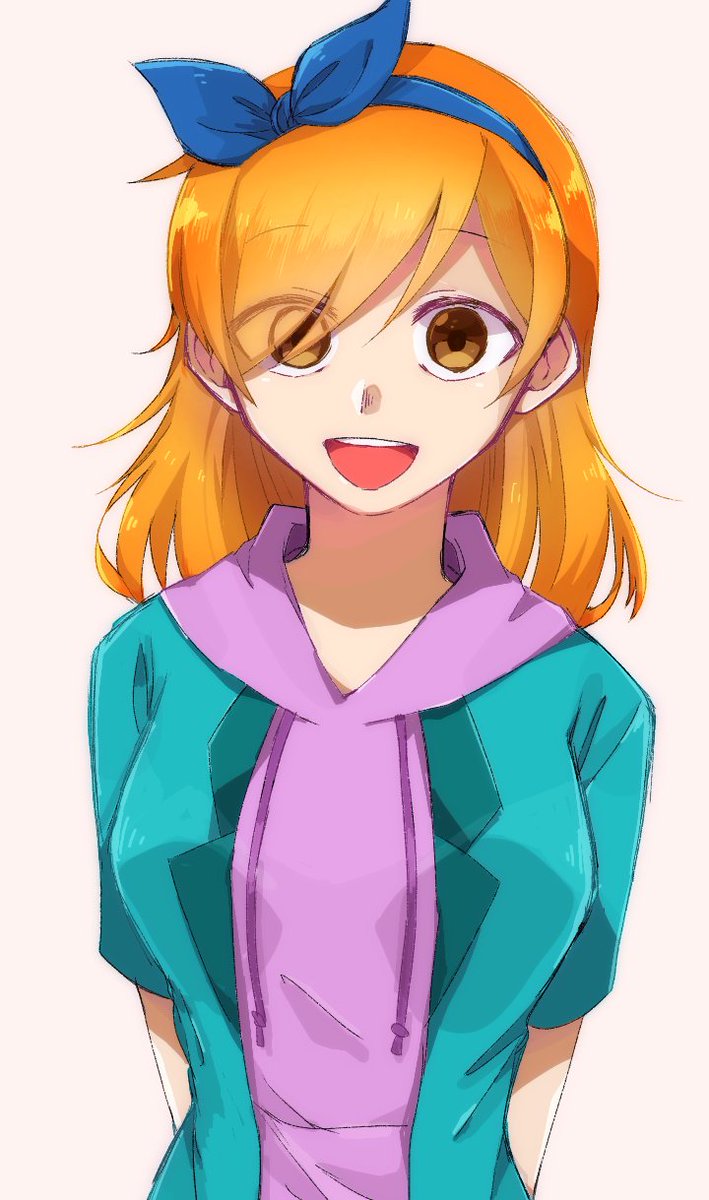 1girl, :d, animification, aqua_jacket, arms_behind_back, bad_id, bad_twitter_id, blue_bow