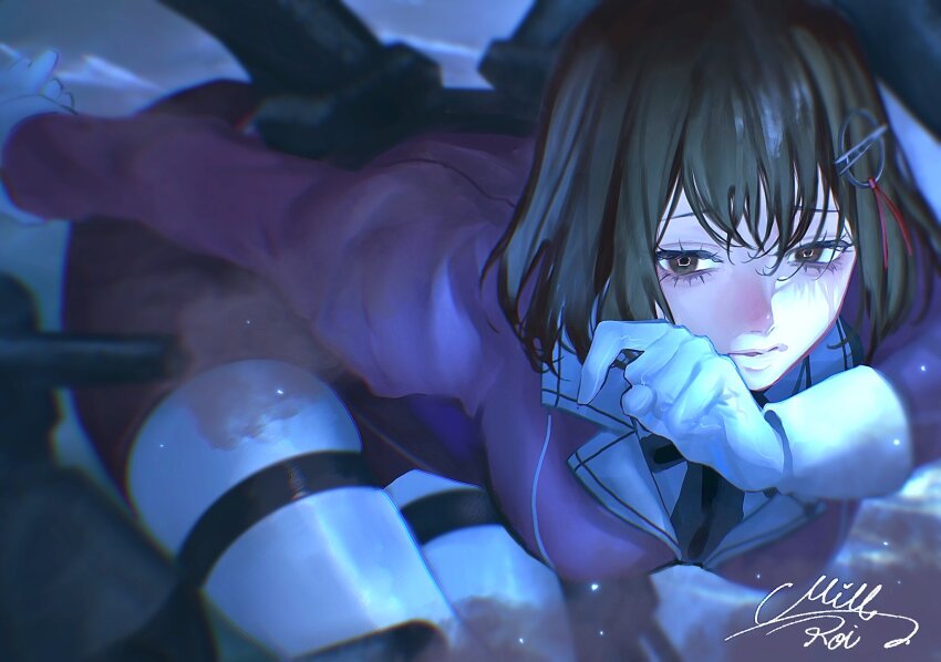 1girl, artist_name, black_hair, breasts, commentary_request, gloves, haguro_(kancolle), haguro_kai_ni_(kancolle), highres, jacket, kantai_collection, millroi1000, pantyhose, pencil_skirt, purple_jacket, short_hair, skirt, solo, torpedo_launcher, white_gloves, white_pantyhose