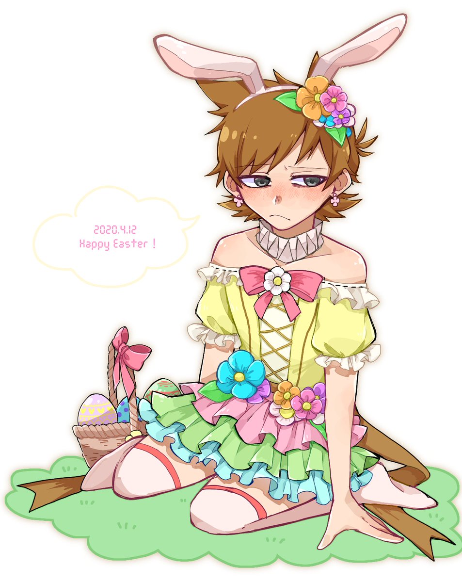 1boy, alternate_costume, androgynous, animal_ears, animification, antenna_hair, bad_id, bad_twitter_id, basket, bishounen, blush, brown_hair, commentary_request, crossdressing, crossdressing_(mtf), dated, easter, easter_egg, eddsworld, egg, fake_animal_ears, flipped_hair, flower, frilled_skirt, frills, frown, grey_eyes, hair_ears, hair_flower, hair_ornament, happy_easter, highres, kion-aaaaa, looking_to_the_side, male_focus, multicolored_skirt, neck_ruff, off-shoulder_shirt, off_shoulder, puffy_short_sleeves, puffy_sleeves, rabbit_ears, shirt, short_hair, short_sleeves, simple_background, sitting, skirt, solo, thighhighs, tord_(eddsworld), wariza, white_background, white_thighhighs, yellow_shirt, zettai_ryouiki