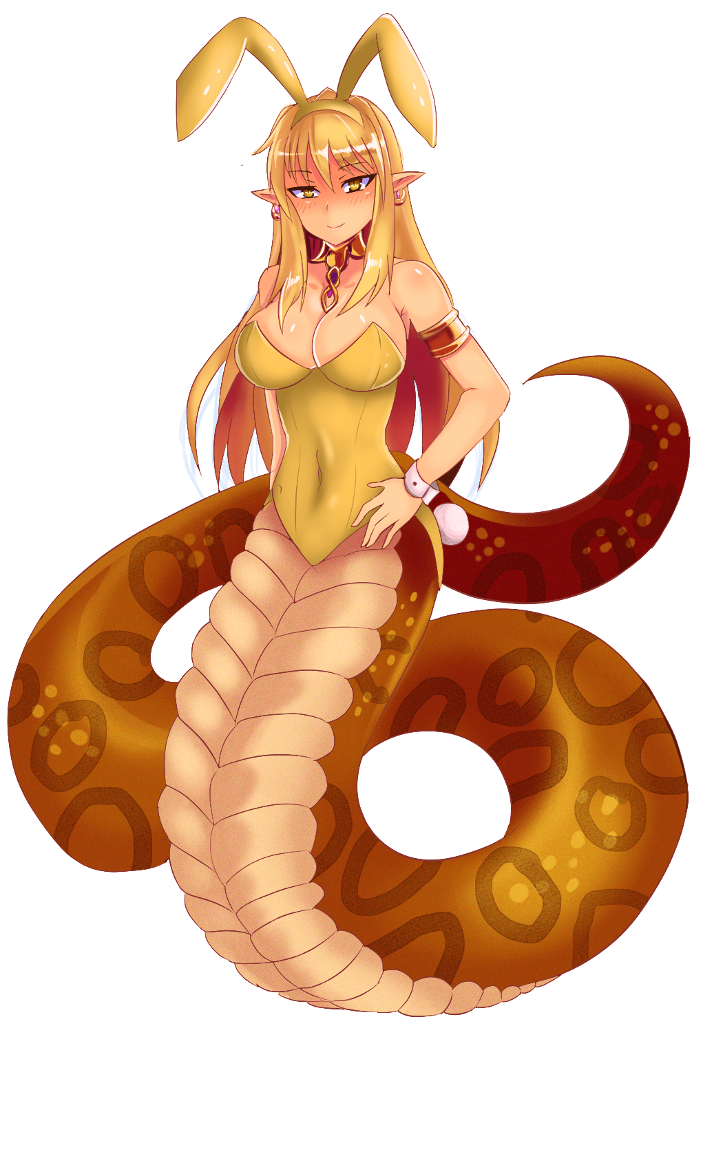 1girl, animal_ear_hairband, animal_ears, armlet, atuba, blonde_hair, breasts, closed_mouth