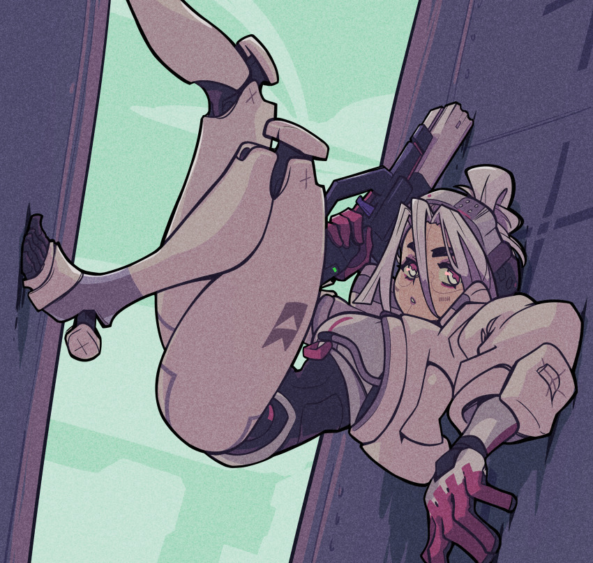 1girl, android, bad_link, bad_reddit_link, cropped_jacket, doobermcgoober, gun, headband